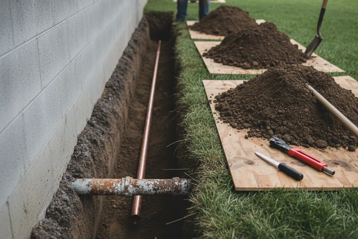 Excavated water line trench during Water Heater Repair in Old Town